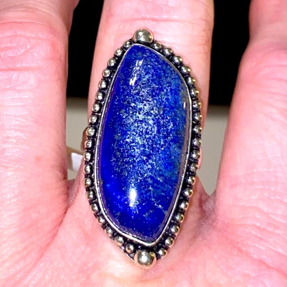 Handmade Natural Lapis Lazuli Stone Boho Ring .925 Stamp Size: 7 - Picture 5 of 6